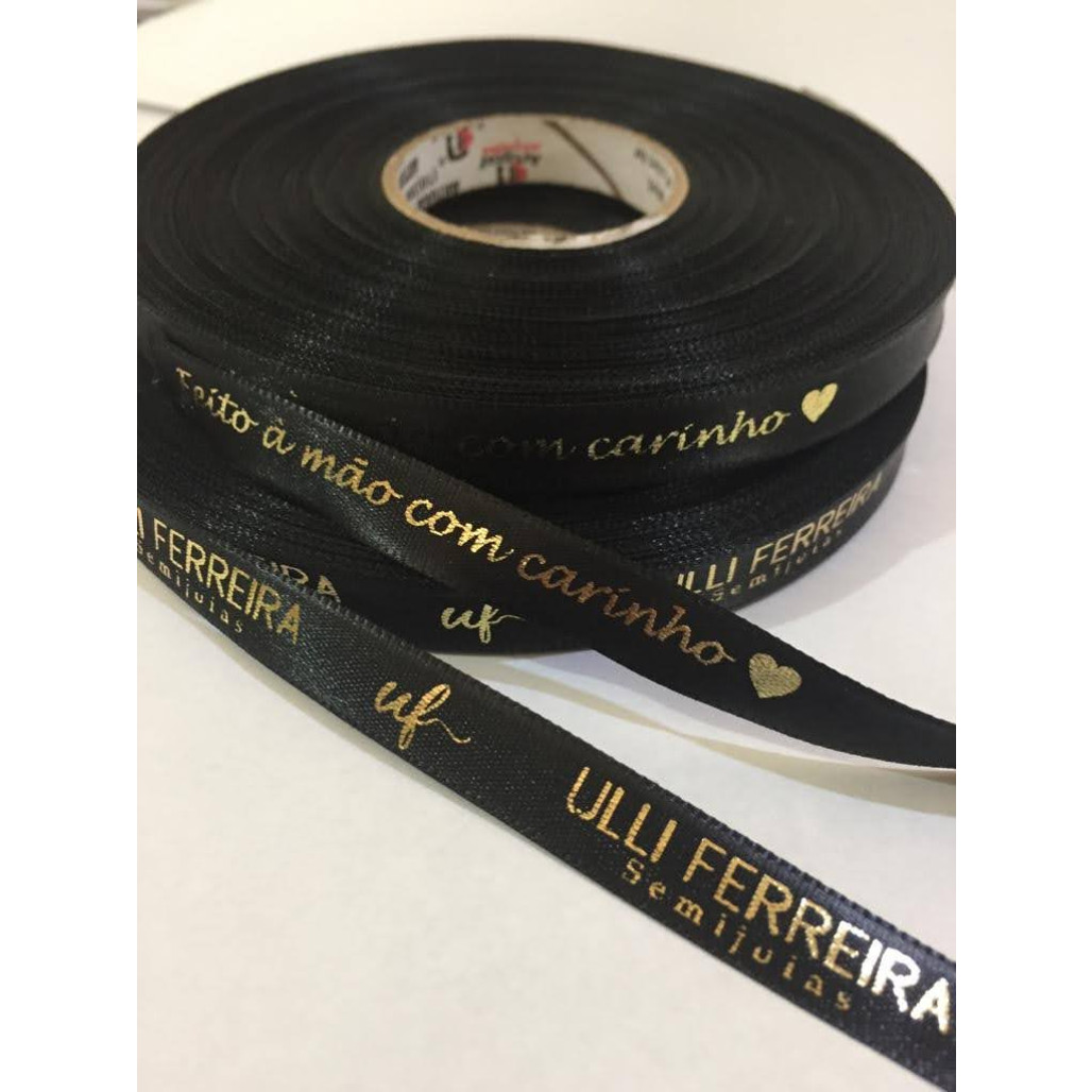 Fitas de Cetim, 10 mm de largura, Personalizadas,  Impressão Metalizada, Branca ou em Preto Grafite - 2