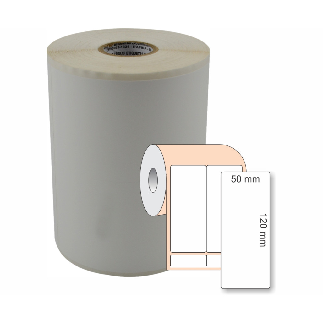 Etiqueta Adesiva BOPP Branco, 50 x 120 mm x 2 colunas, para Impressoras Térmicas