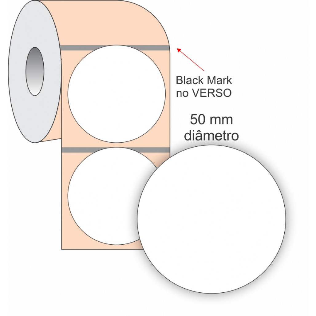 Etiquetas Adesivas BOPP Branco Redonda, 50 mm x 1 coluna, para Impressoras Térmicas
