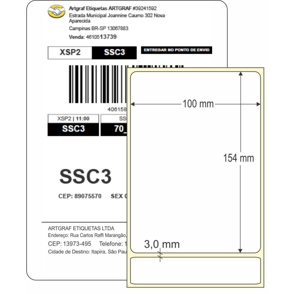 Etiqueta Adesiva em Papel Térmico, 100 x 154 mm x 1 coluna, MERCADO LIVRE, para Impressoras Térmicas Diretas - 3