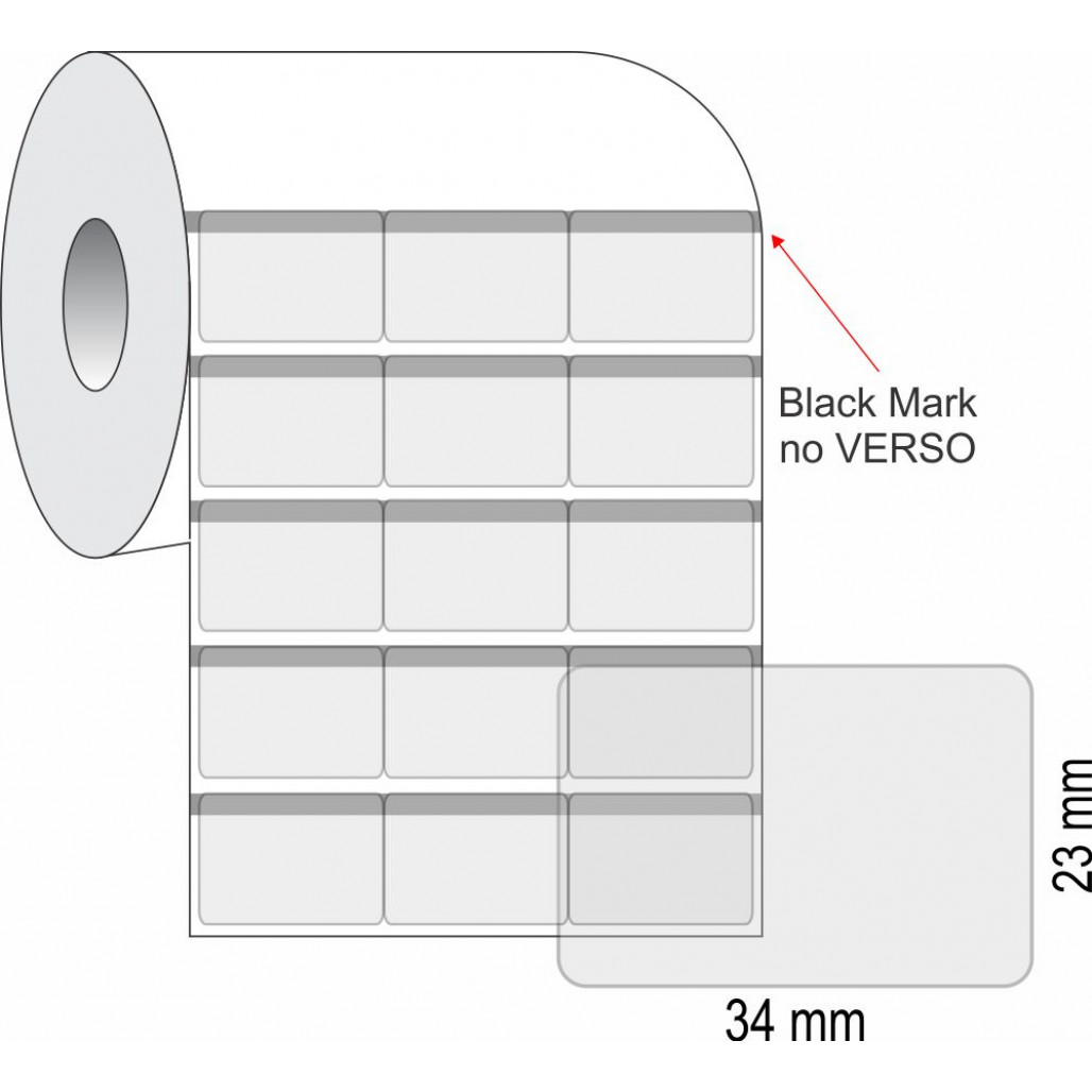 Etiquetas Adesivas BOPP Transparente, 34 x 23 mm x 3 colunas, para Impressoras Térmicas