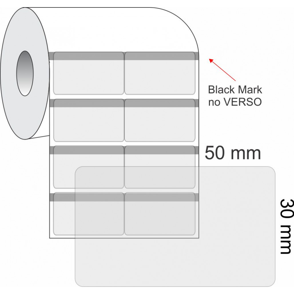 Etiquetas Adesivas BOPP Transparente, 50 x 30 mm x 2 colunas, para Impressoras Térmicas