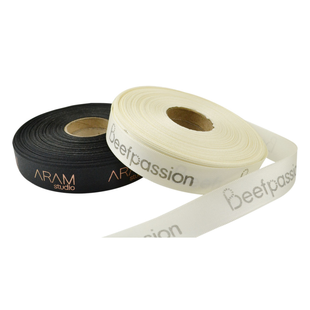 Fitas de Cetim, 22 mm de largura, Personalizadas, Impressão Metalizada, Branca ou em Preto Grafite