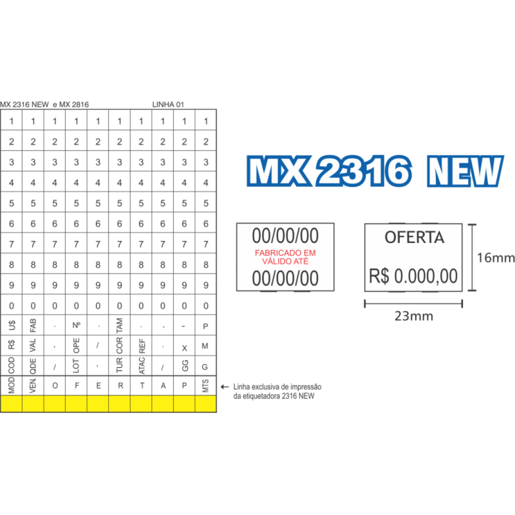 Etiquetadora FIXXAR MX 2316 NEW - 2 linhas - 10 dígitos em cada - 5
