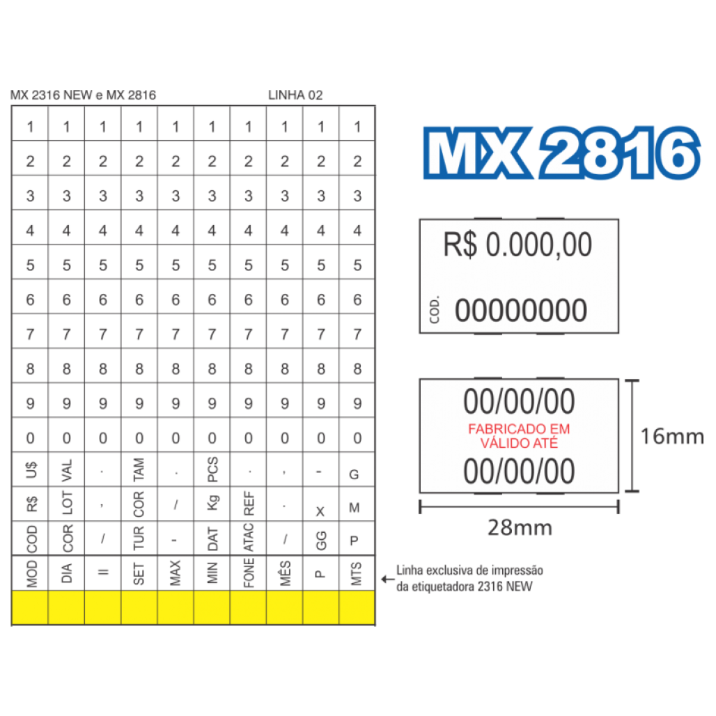 Etiquetadora FIXXAR MX 2816 - 2 linhas - 10 dígitos em cada - 4