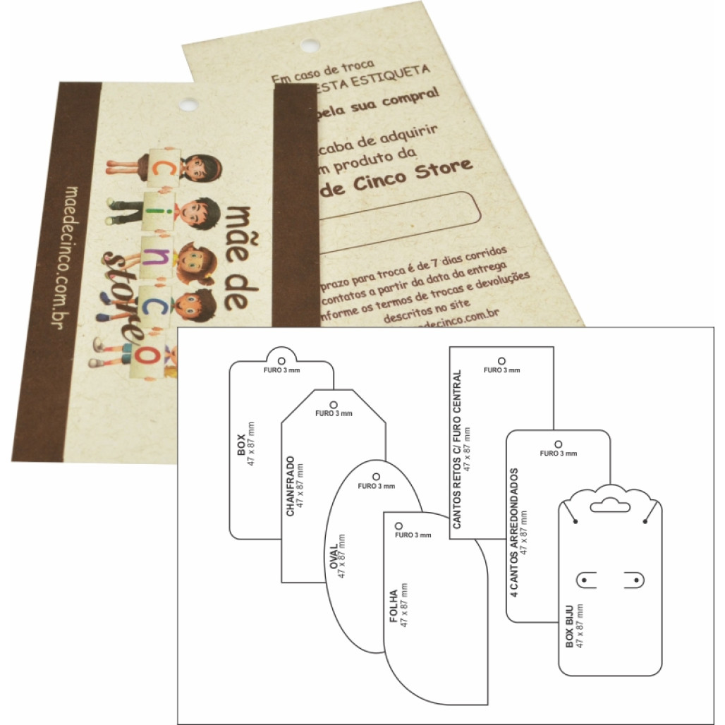 Tag Ecológico Média ou Cartela Bijú, Tamanho 47 x 87 mm, Papel Reciclável 250 g, Diversos Formatos, com Opções Personalizadas