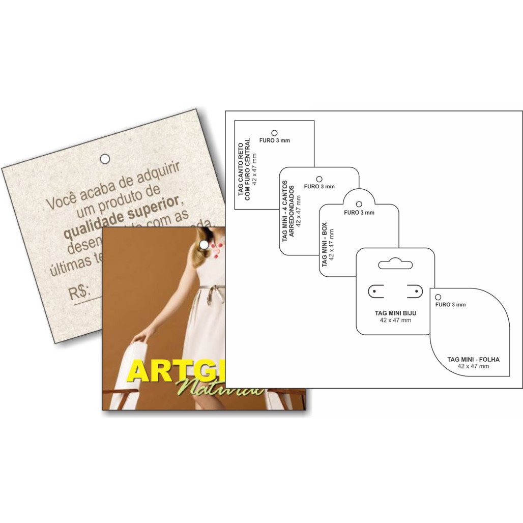 Tag Ecológico Mini ou Cartela Bijú, Tamanho 42 x 47 mm, Papel Reciclável 250 g, Diversos Formatos, com Opções Personalizadas