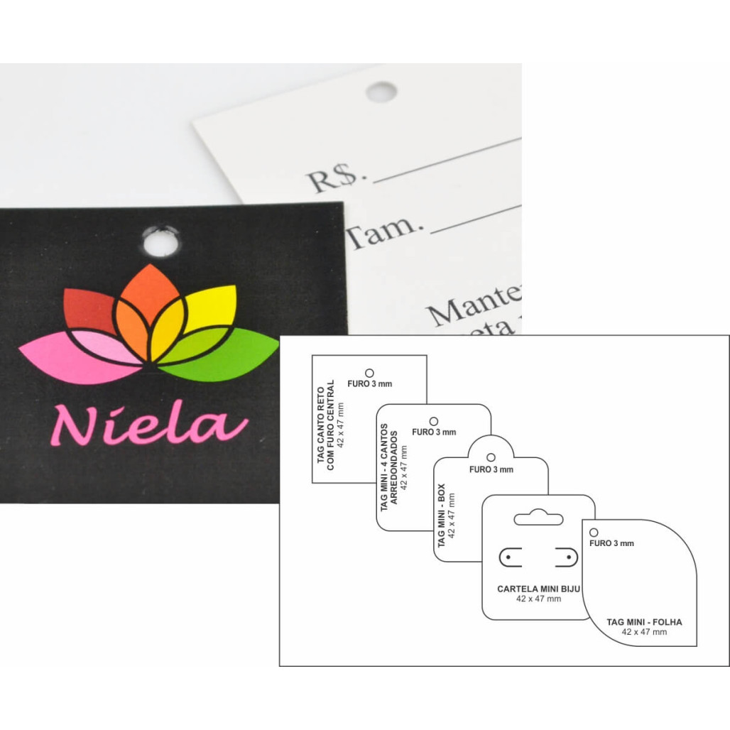 Tag Mini ou Cartela Bijú, Tamanho 42 x 47 mm, Papel Couchê 300 g, Diversos Formatos, com Opções Personalizadas - 1