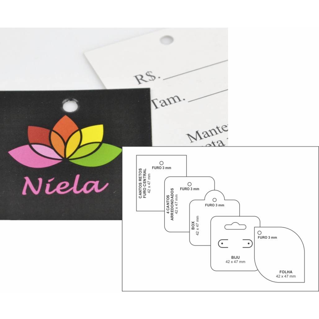 Tag Mini ou Cartela Bijú, Tamanho 42 x 47 mm, Papel Couchê 300 g, Diversos Formatos, com Opções Personalizadas