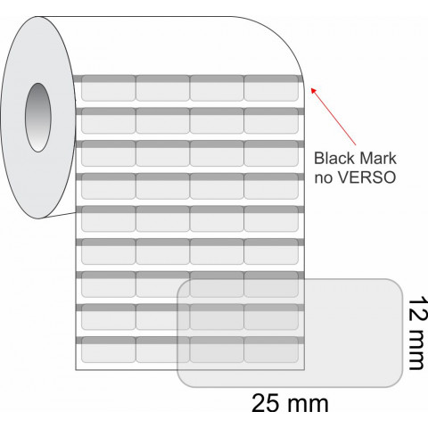 Etiquetas Adesivas BOPP Transparente, 25 x 12 mm x 4 colunas, Rolo com 36 metros, para Impressoras Térmicas