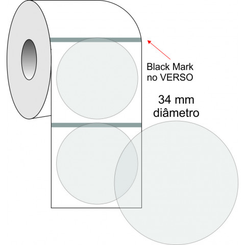 Etiquetas Adesivas BOPP Transparente Redonda, 34 mm x 1 coluna, Rolo com 36 metros, para Impressoras Térmicas
