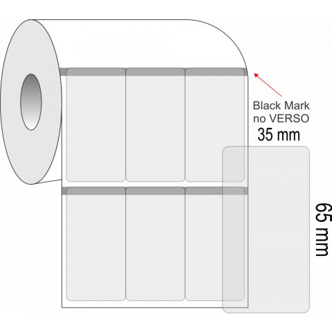 Etiquetas Adesivas BOPP Transparente, 35 x 65 mm x 3 colunas, Rolo com 36 metros, para Impressoras Térmicas