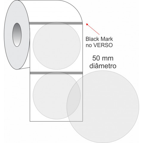 Etiquetas Adesivas BOPP Transparente Redonda, 50 mm x 1 coluna, Rolo com 36 metros, para Impressoras Térmicas
